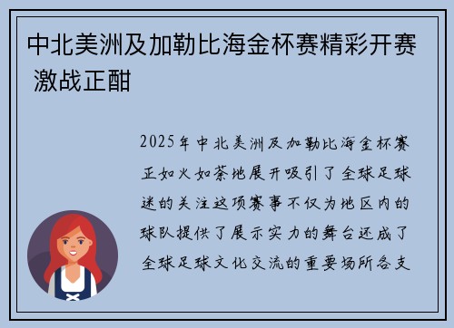 中北美洲及加勒比海金杯赛精彩开赛 激战正酣